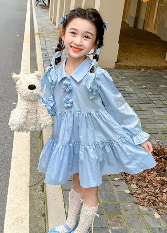 Robe longue bleue à col Peter Pan et manches longues pour fille, patchwork de boutons floraux, YE030