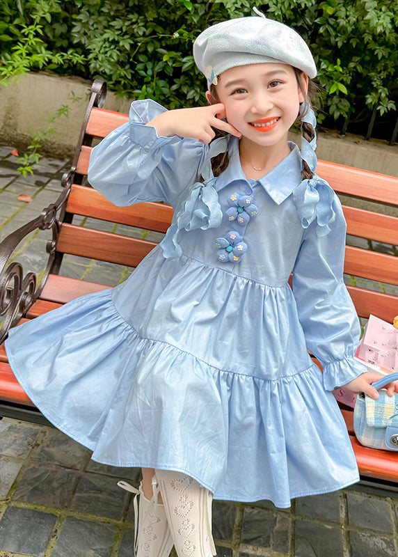 Robe longue bleue à col Peter Pan et manches longues pour fille, patchwork de boutons floraux, YE030