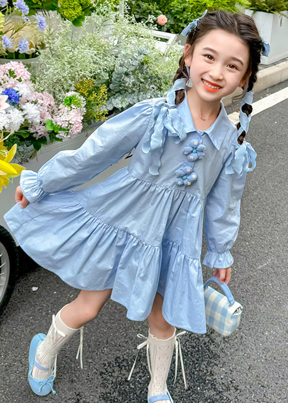 Robe longue bleue à col Peter Pan et manches longues pour fille, patchwork de boutons floraux, YE030