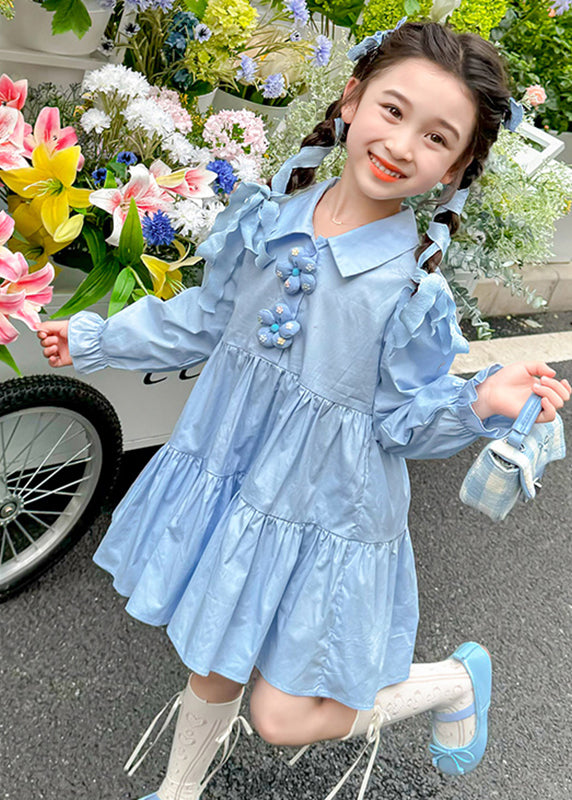 Robe longue bleue à col Peter Pan et manches longues pour fille, patchwork de boutons floraux, YE030