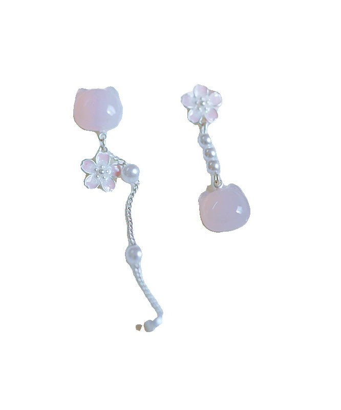 Brief Pink Sterling Silver Asymmetry Pearl Floral Cats Tassel Drop Earrings QI069