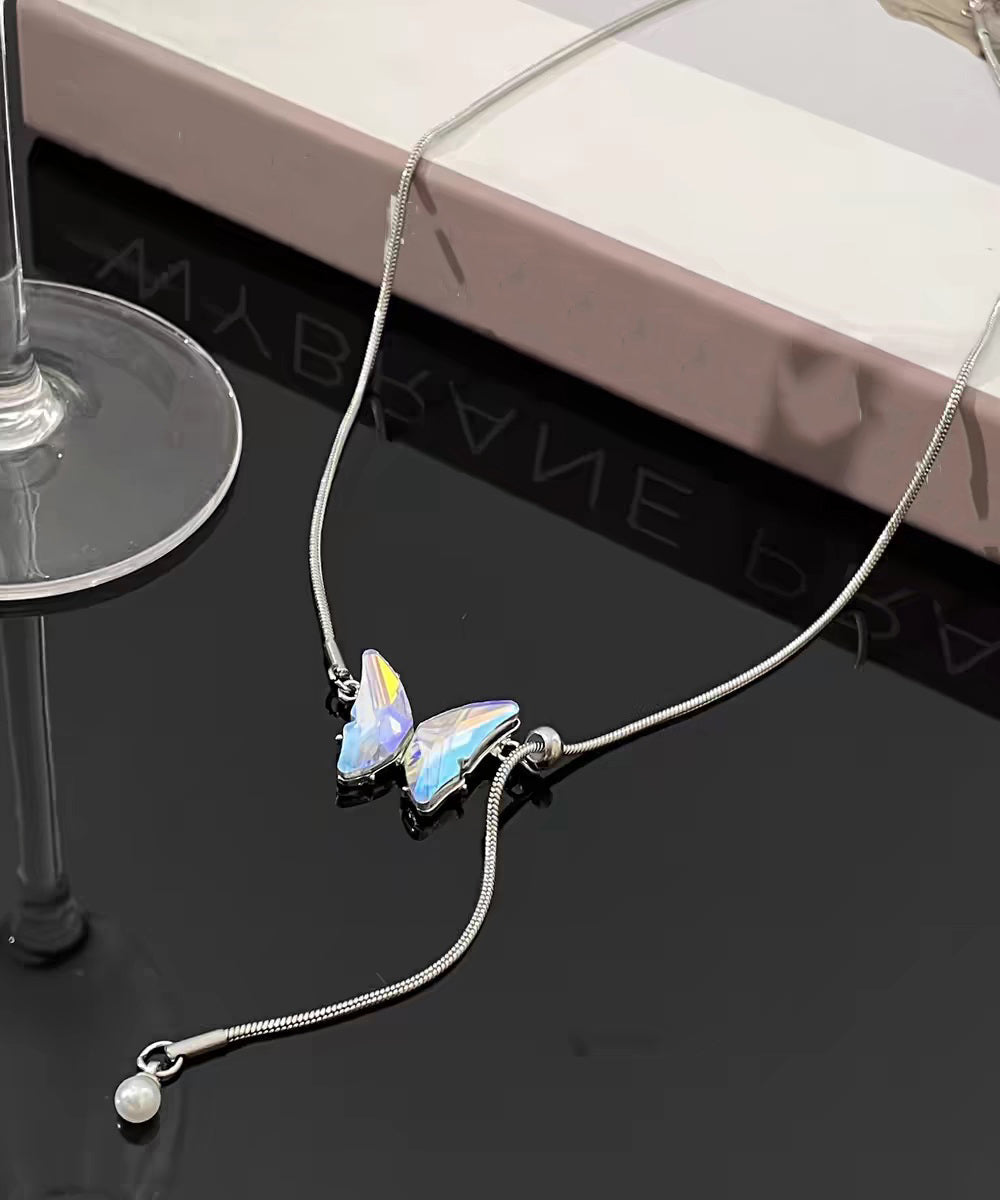 Brief Silk Stainless Steel Butterfly Tassel Pendant Necklace II022