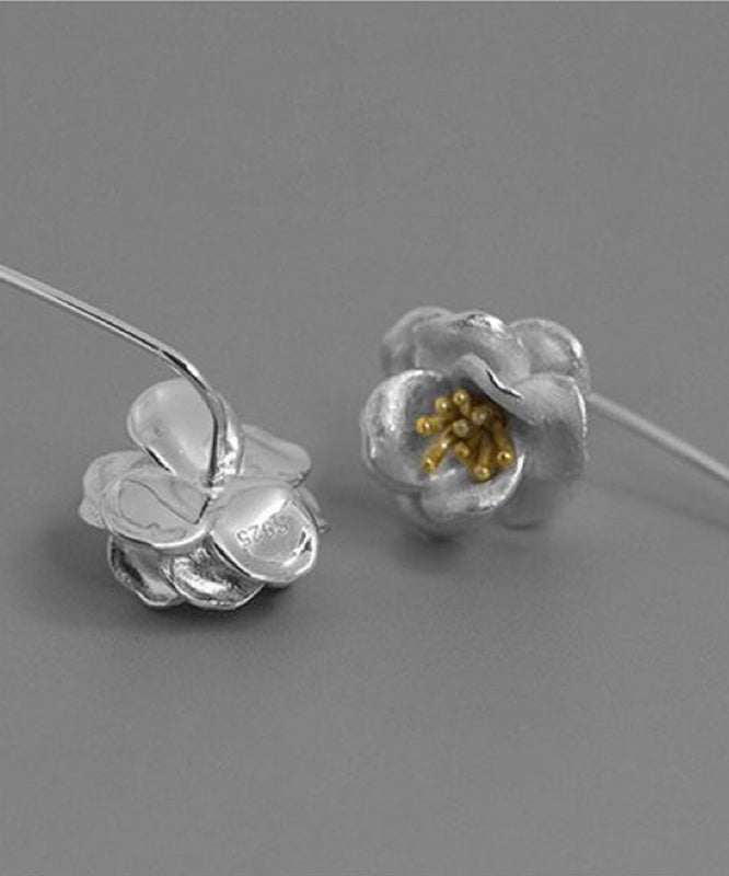 Kurze Seide Sterling Silber Kamelie Blume Quaste Tropfen Ohrringe QQ028