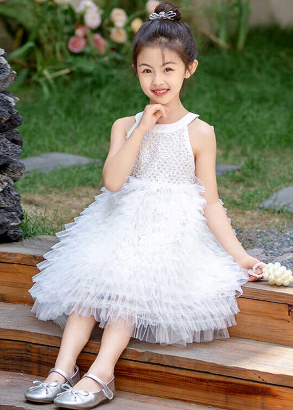 Robe longue d'été en tulle avec nœud blanc et patchwork pour enfants EW029