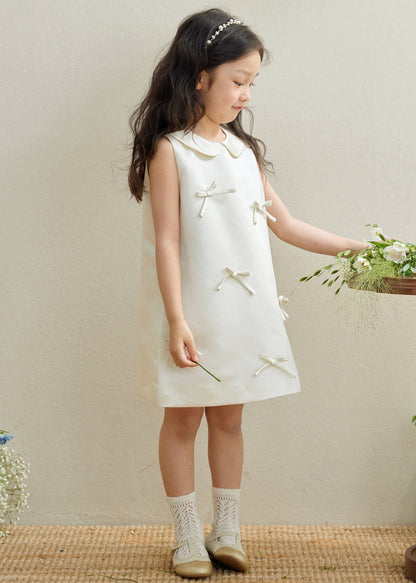 Brief White Peter Pan Collar Bow Kids Long Dresses Sleeveless QV003