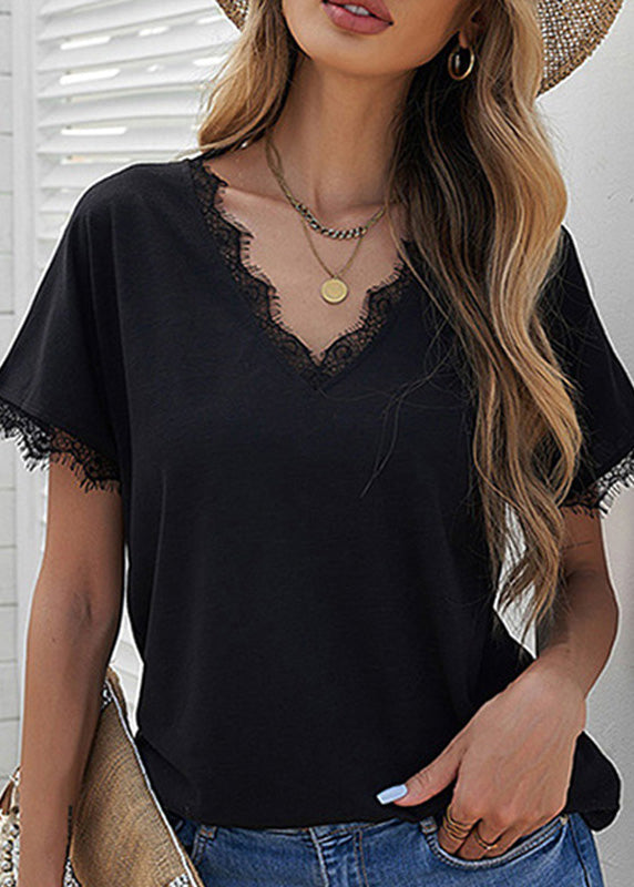 V Short Solid Brief Lace T Patchwork Neck Shirt White Sleeve