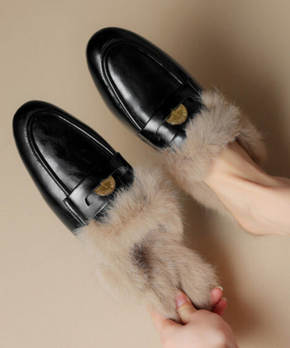 Brown Cowhide Leather Fuzzy Wool Lined Splicing Loafers Slippers WB012