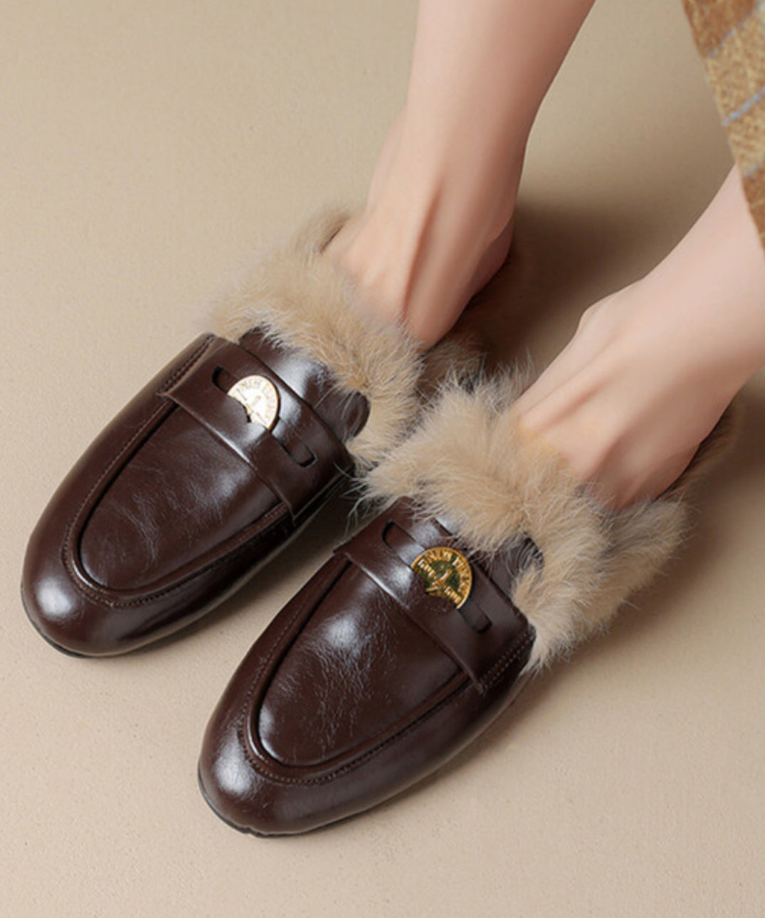 Brown Cowhide Leather Fuzzy Wool Lined Splicing Loafers Slippers WB012