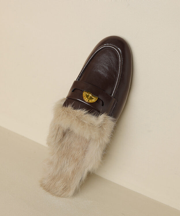 Brown Cowhide Leather Fuzzy Wool Lined Splicing Loafers Slippers WB012