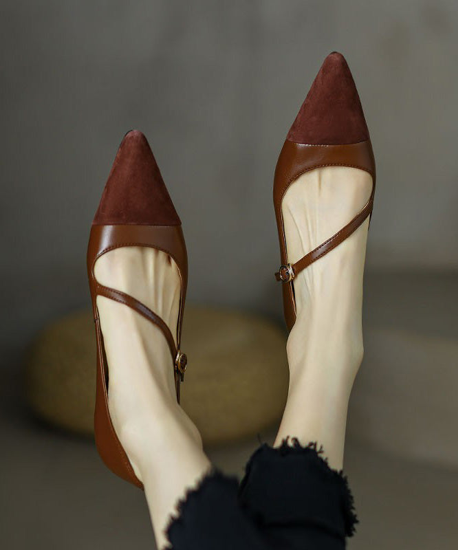 Toe Shoes Leather Splicing Pointed Flat Cowhide Brown French