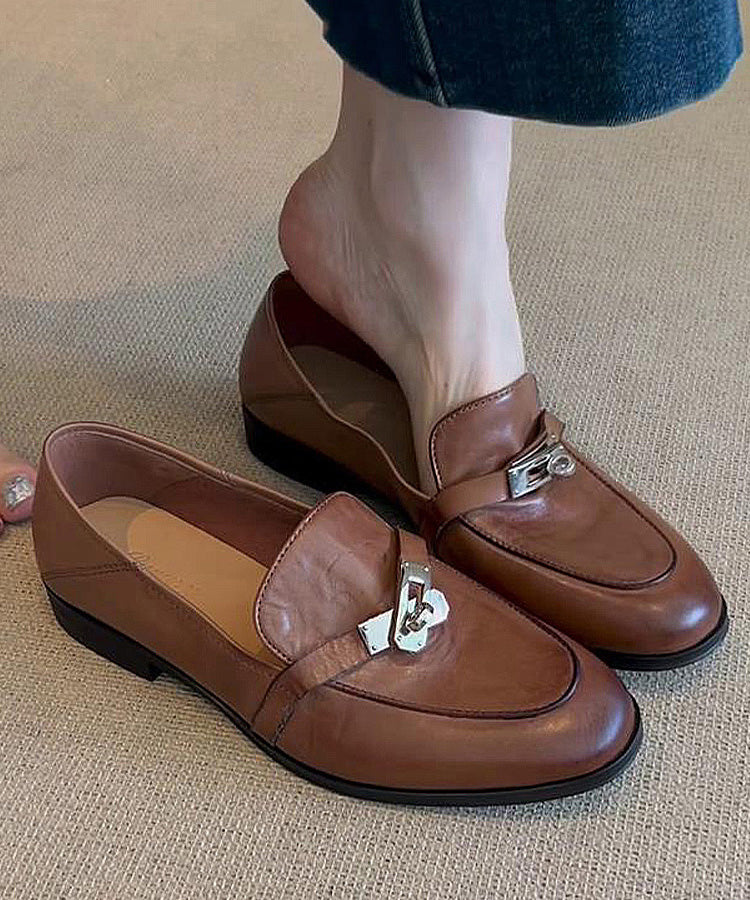 Loafers Splicing Leather Brown Cowhide For Women