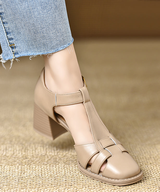 Cowhide Sandals Brown Hollow Splicing Leather Chunky Chic Out