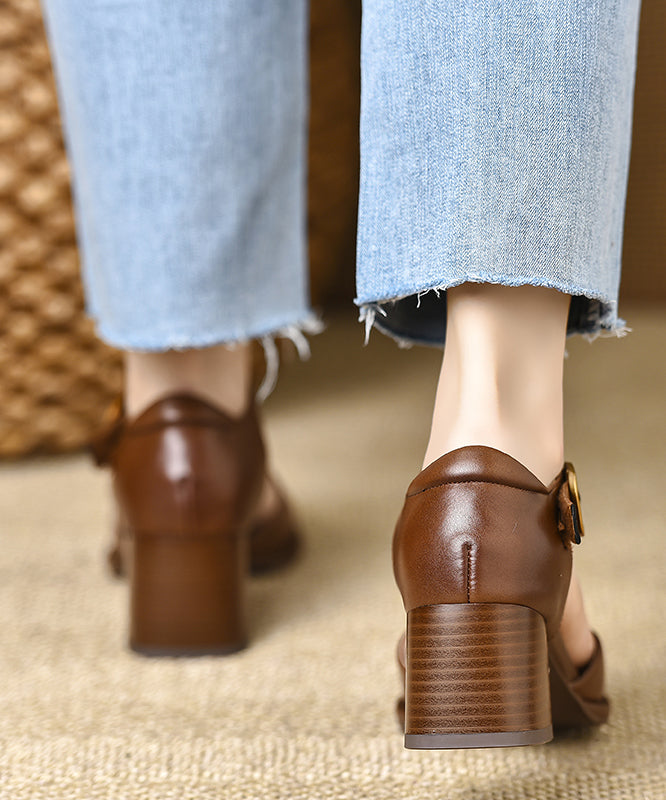 Cowhide Sandals Brown Hollow Splicing Leather Chunky Chic Out