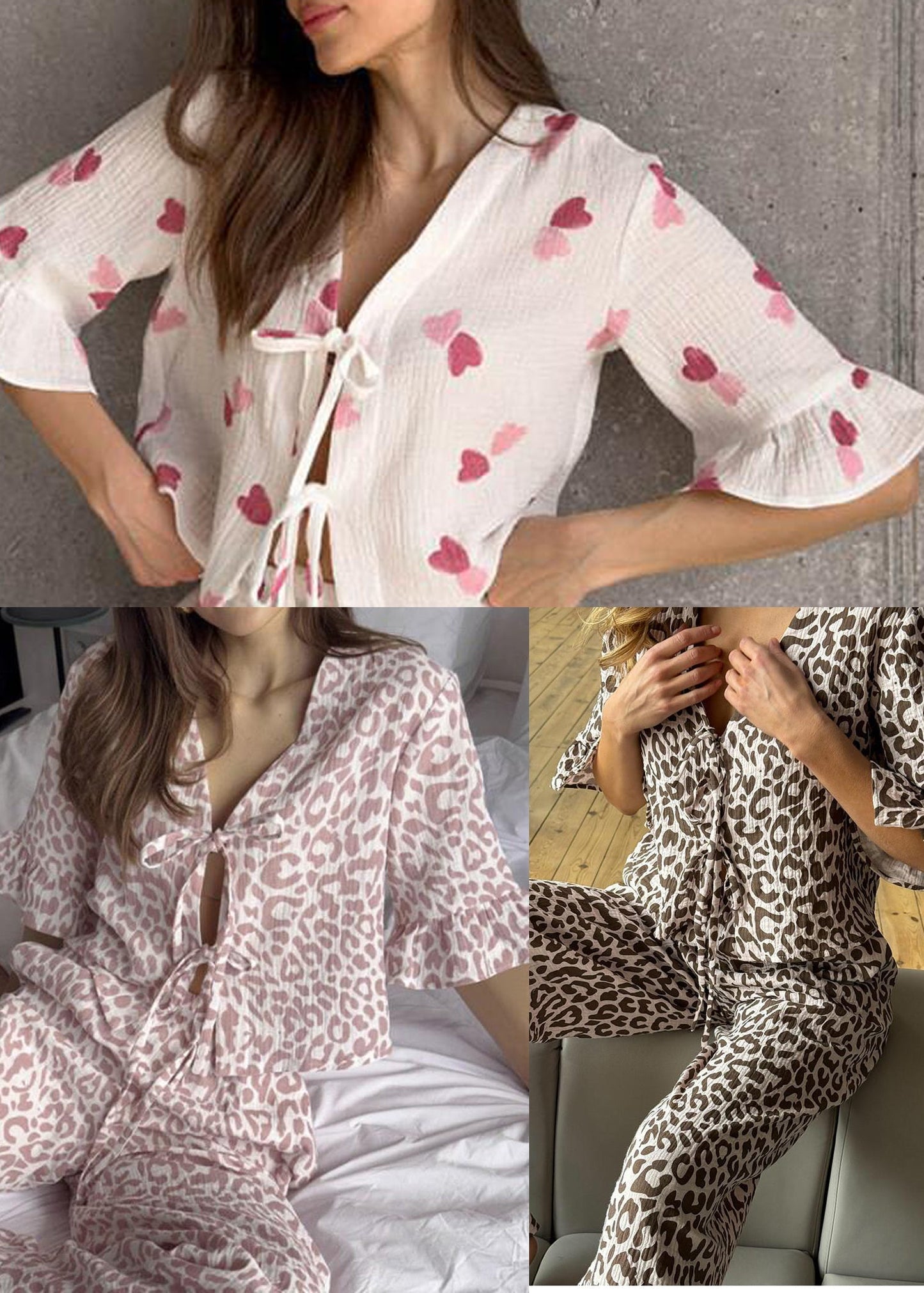 Lace Brown Sleeve Sets Cotton Print Flare Up Pajama Leopard