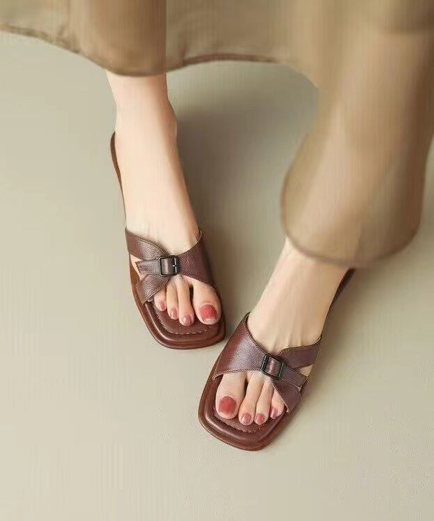 Brown Open Toe Slide Sandals Boutique Versatile Flat JJ048