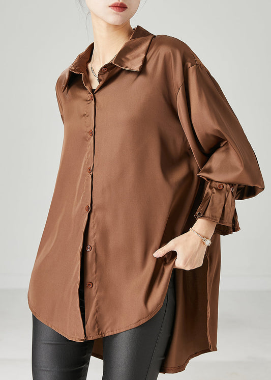 Brown Oversized Chiffon Blouse Low High Design Spring YU1052