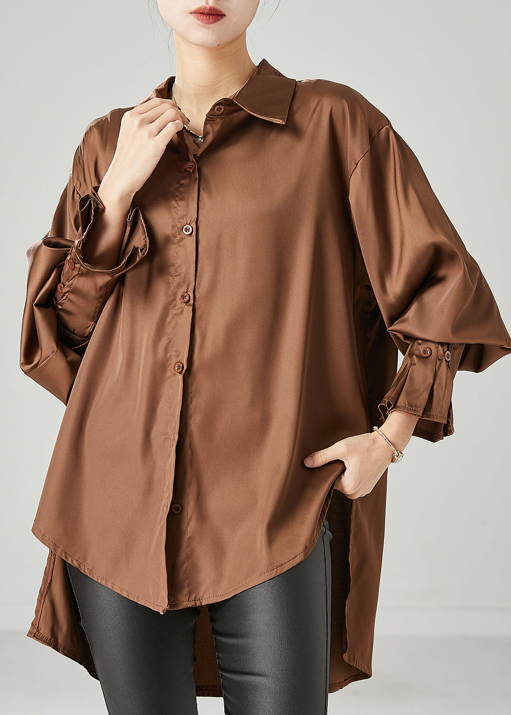 Brown Oversized Chiffon Blouse Low High Design Spring YU1052