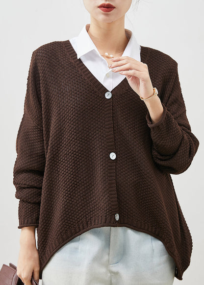 Brown Oversized Knit Loose Coat V Neck Spring YU1040