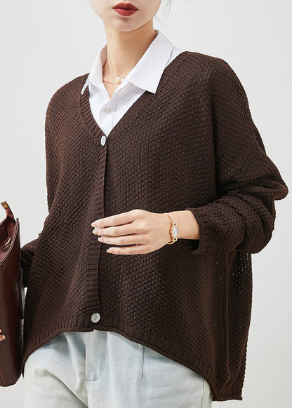 Brown Oversized Knit Loose Coat V Neck Spring YU1040