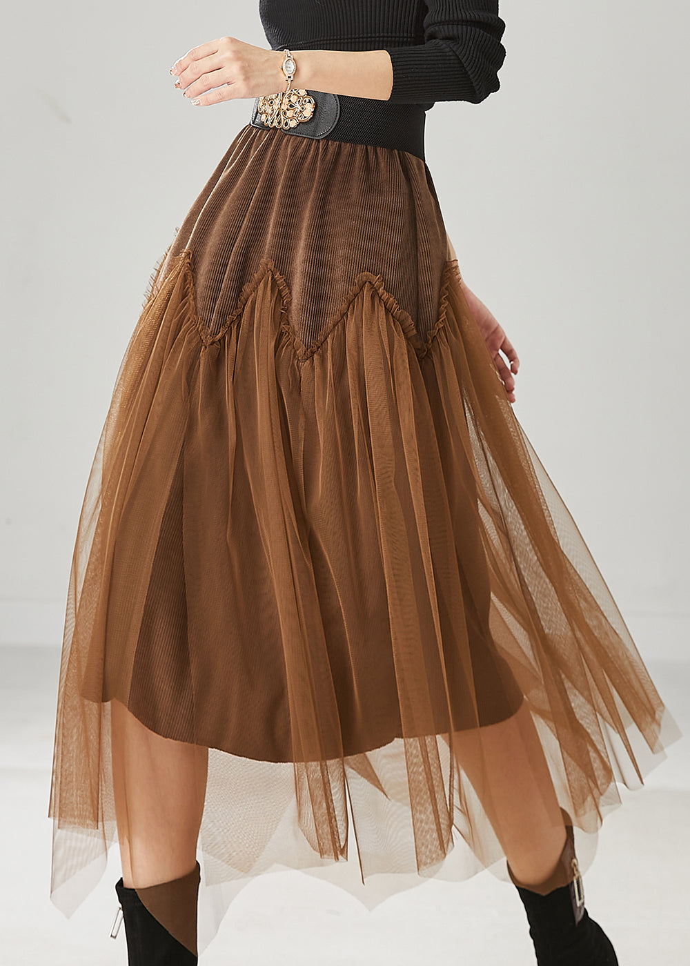 Brown Patchwork Tulle Corduroy Skirt Elastic Waist Spring YU1026