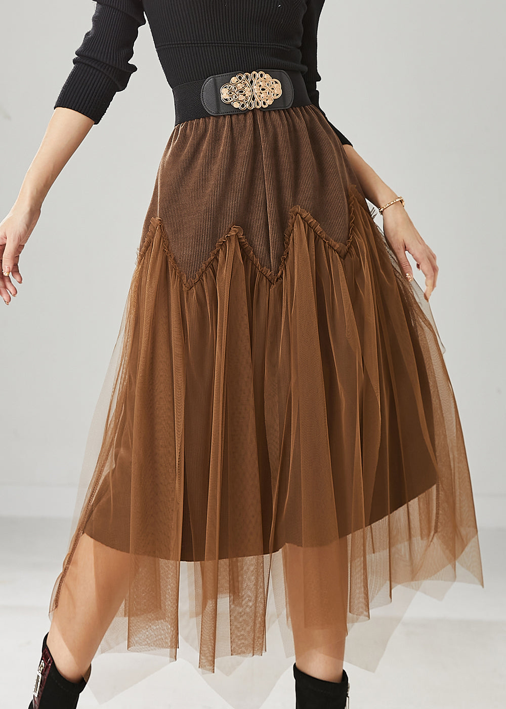 Jupe en tulle côtelé patchwork marron à taille élastique Printemps YU1026