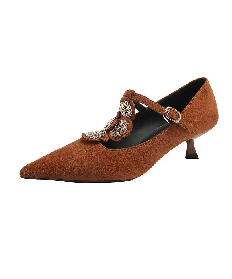 Heels Women Brown Suede High Pointed Splicing Toe