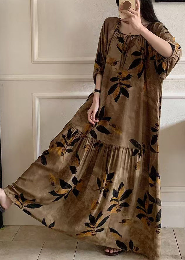 Maxi Neck Cotton Lace Prin Brown Up Dress Pajamas Summer O