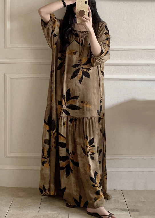 Maxi Neck Cotton Lace Prin Brown Up Dress Pajamas Summer O
