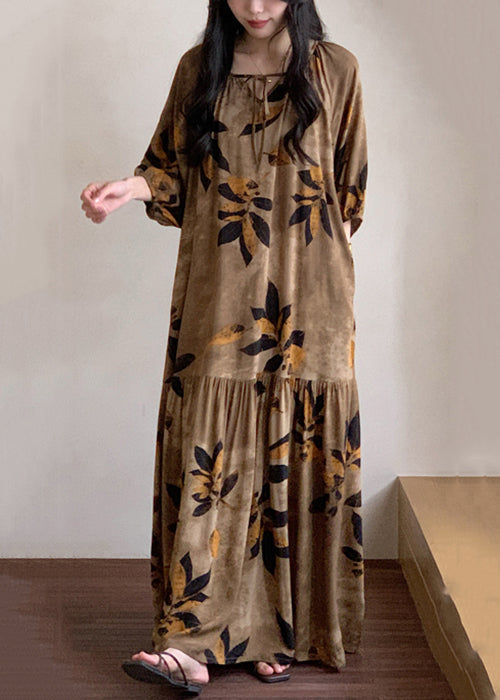 Maxi Neck Cotton Lace Prin Brown Up Dress Pajamas Summer O