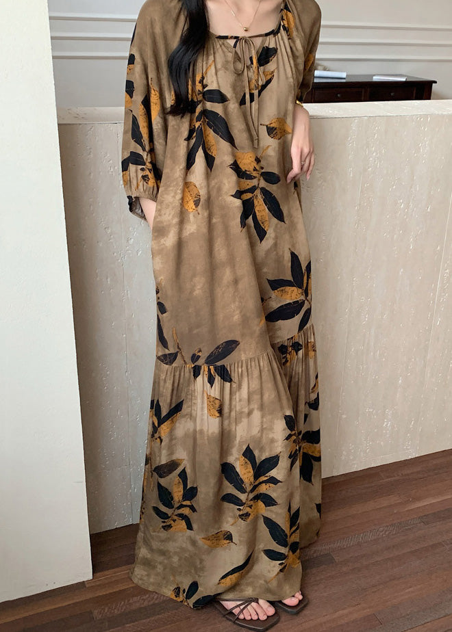 Maxi Neck Cotton Lace Prin Brown Up Dress Pajamas Summer O