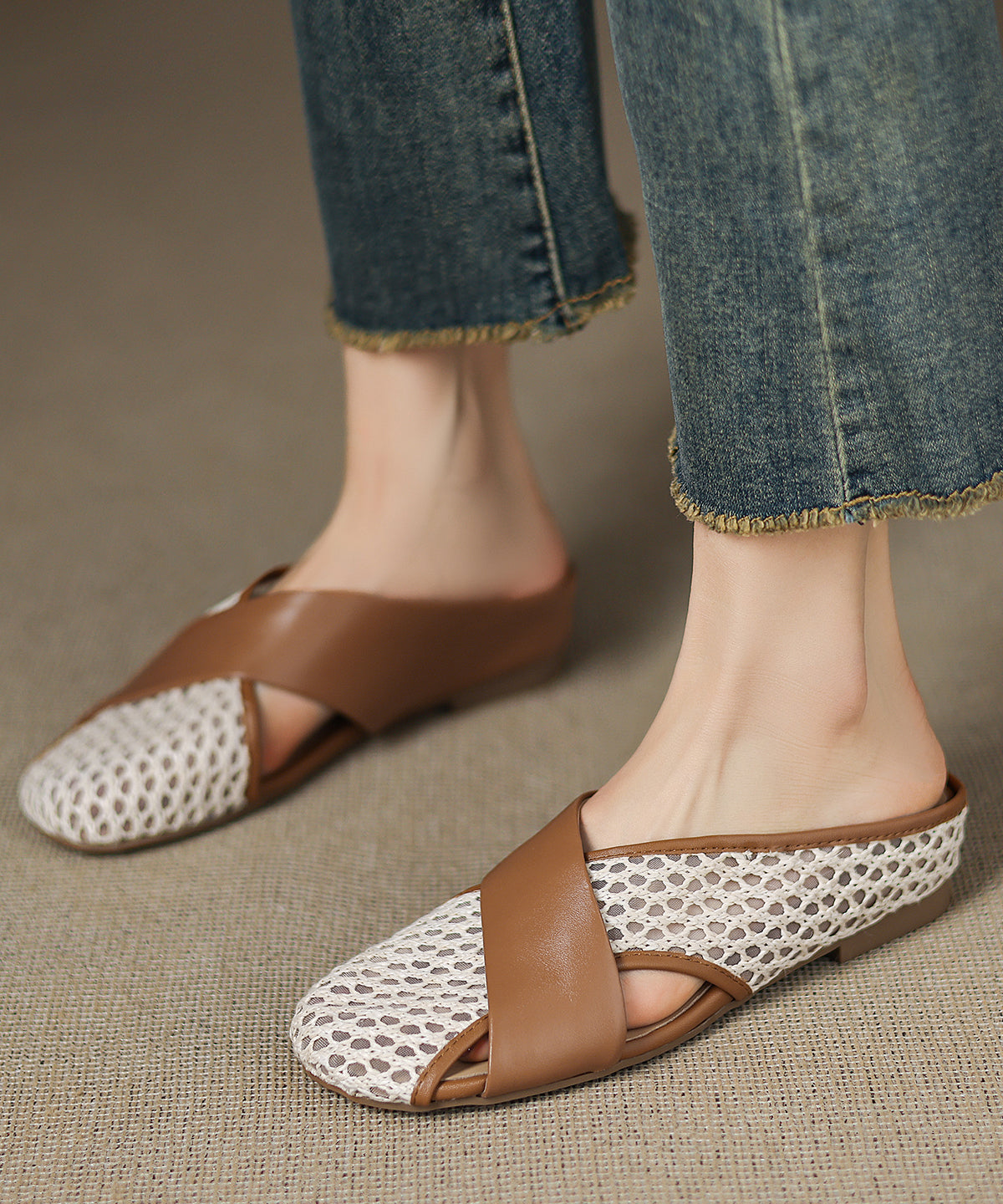 New Slide Sheepskin Sandals Breathable Brown Splicing Mesh