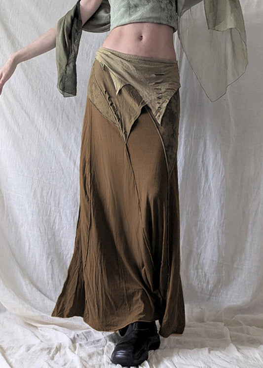 Open Waist Patchwork Elastic Skirt Side Brown Cotton Summer