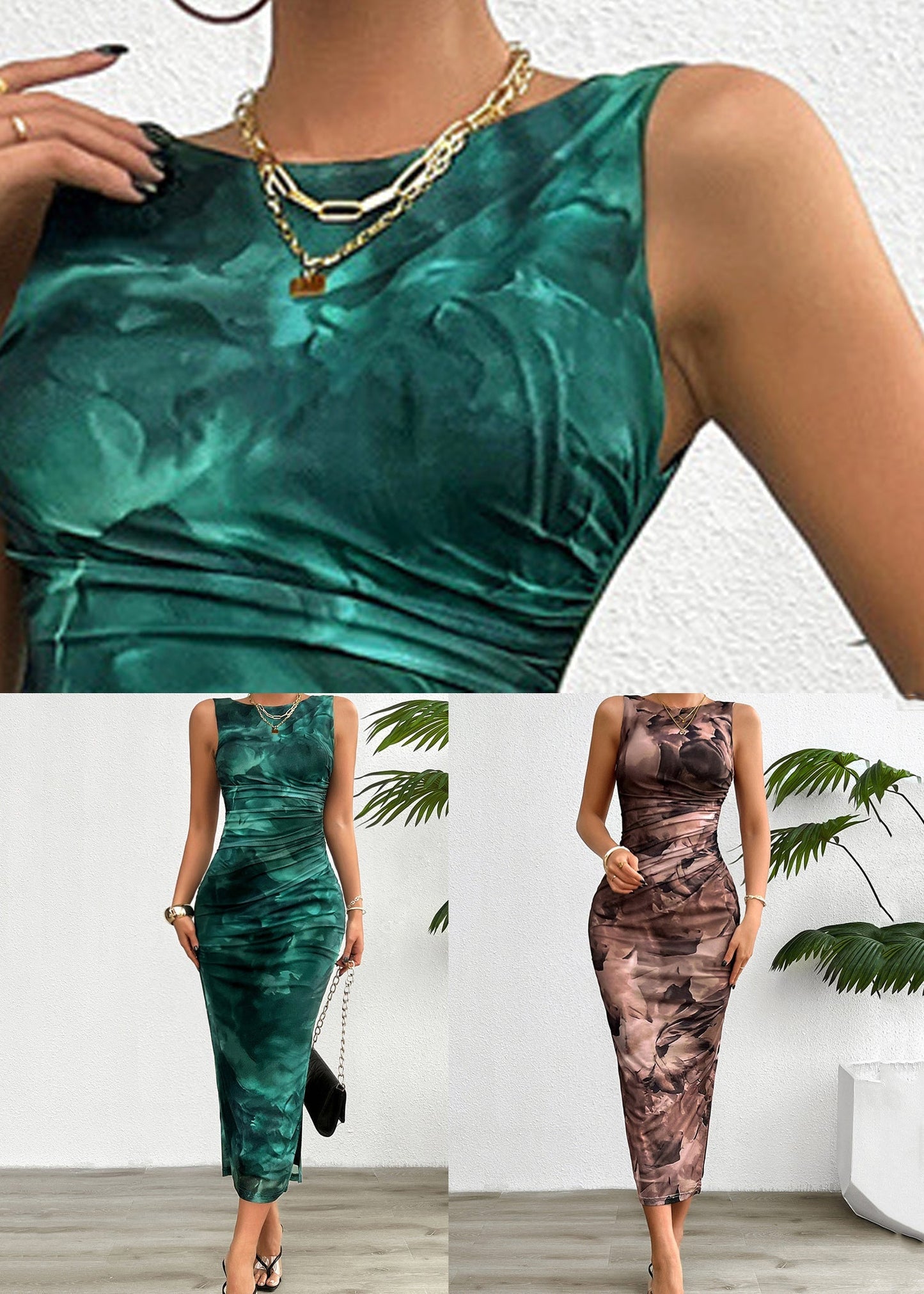 Robe d'été longue en tulle à col ouvert, marron
