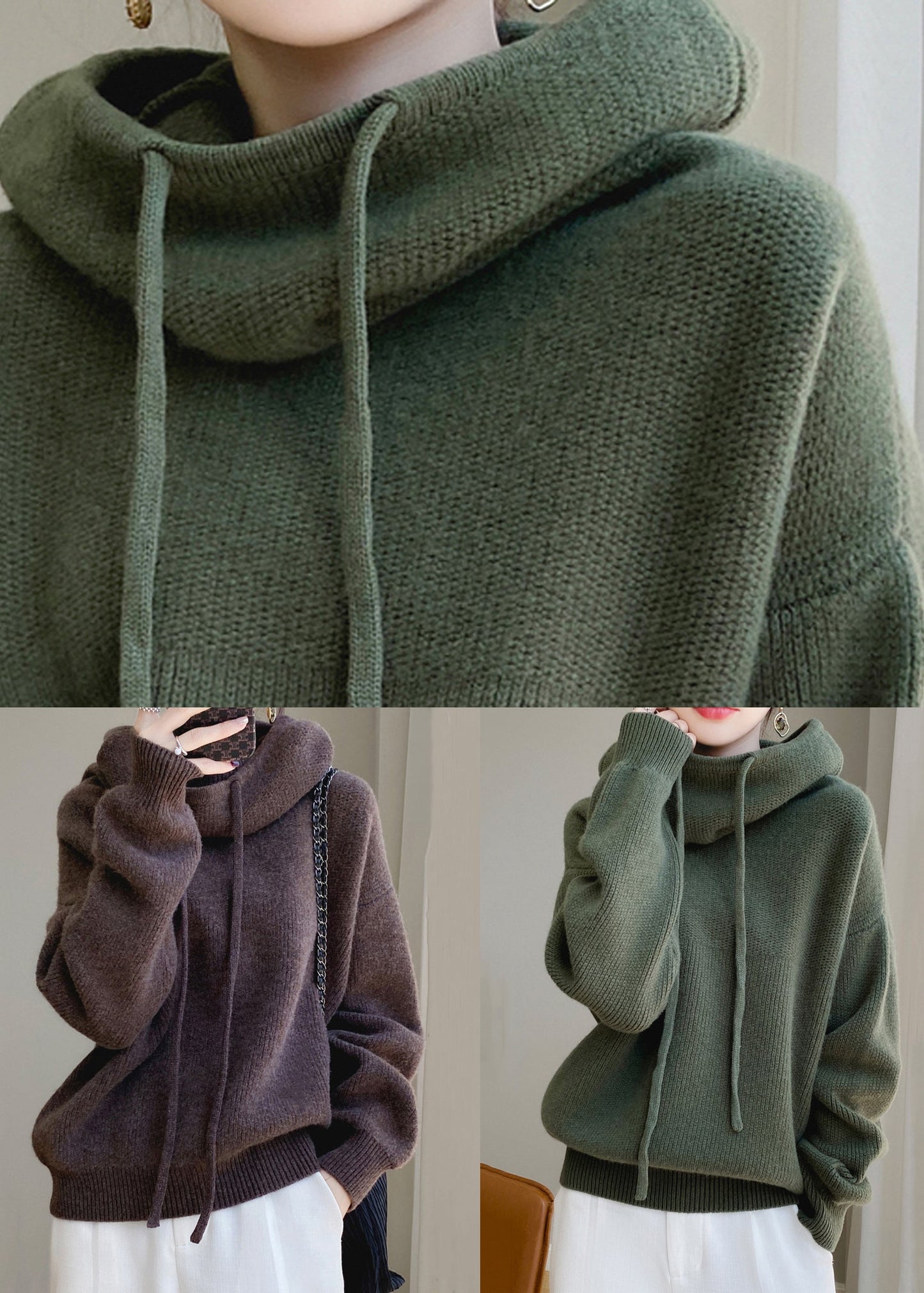 Hooded Knit Spring Cozy Sweater Brown Wool Solid