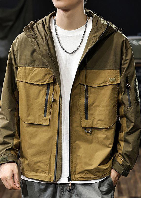 Coat Loose Men Hooded Zippered Pockets Brown Cotton Patchwork