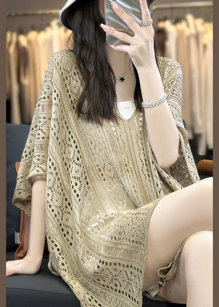 Neck Summer Camel Shirts Out V T Knit Hollow Side Open