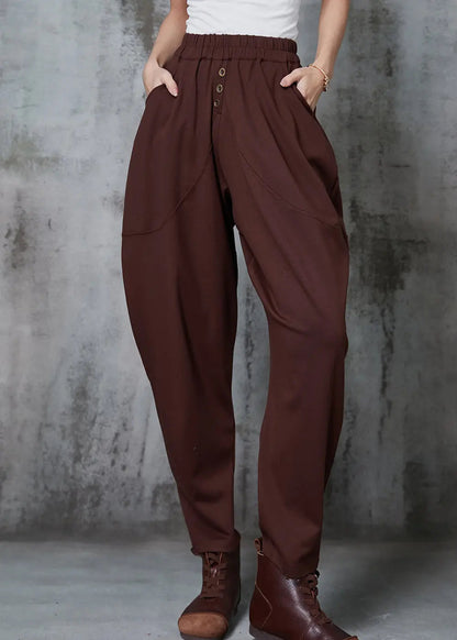 Caramel Cotton Harem Pants High Waist Button Spring Ada Fashion