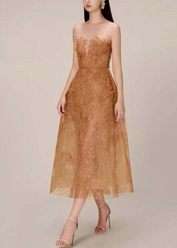 Robe longue en tulle à paillettes et dentelle caramel sans bretelles pour l'été KK017