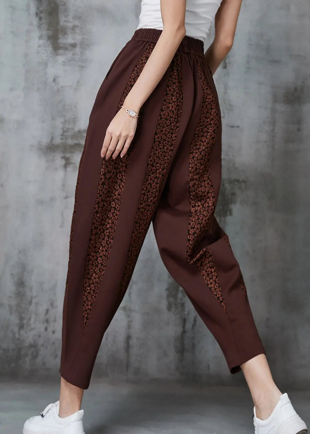 Caramel Patchwork Cotton Pants Oversized Jacquard Spring Ada Fashion