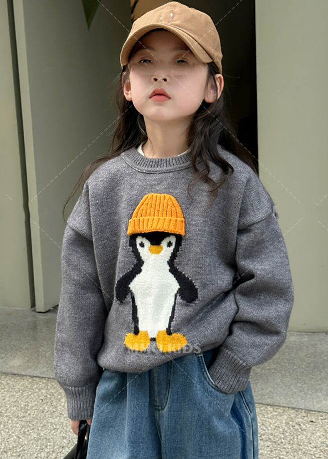 Casual Apricot Penguin Print Cotton Knit Girls Sweater Tops Winter WL042