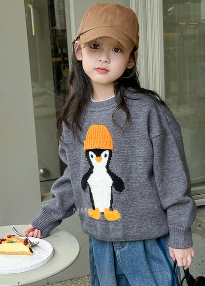 Casual Apricot Penguin Print Cotton Knit Girls Sweater Tops Winter WL042