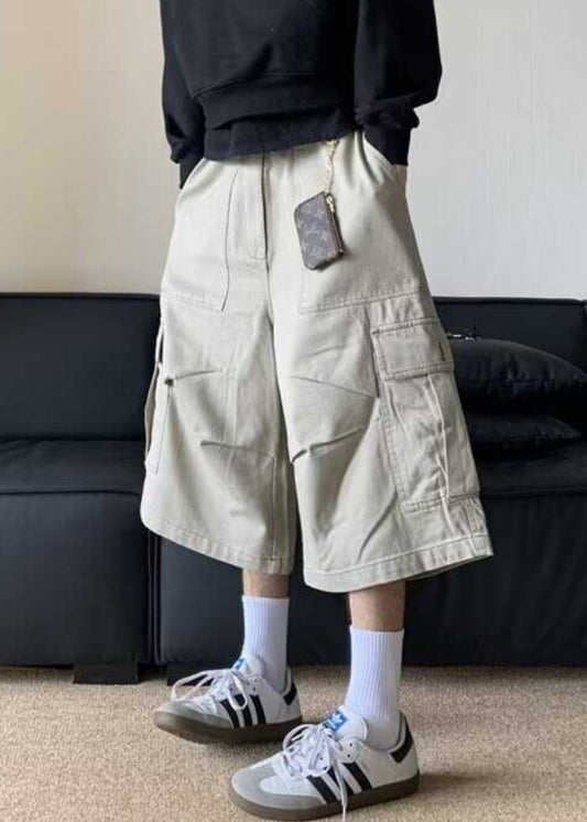 Pantalon court décontracté à taille haute, abricot, poches hautes, été, coton, pour homme