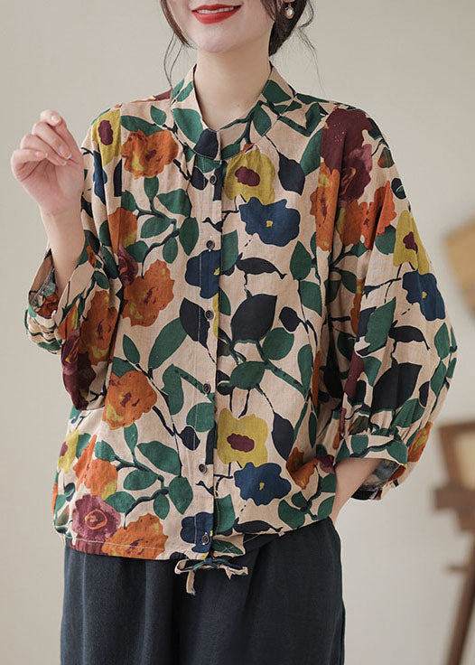 Casual Apricot Stand Collar Print Cotton Shirts Long Sleeve AP052