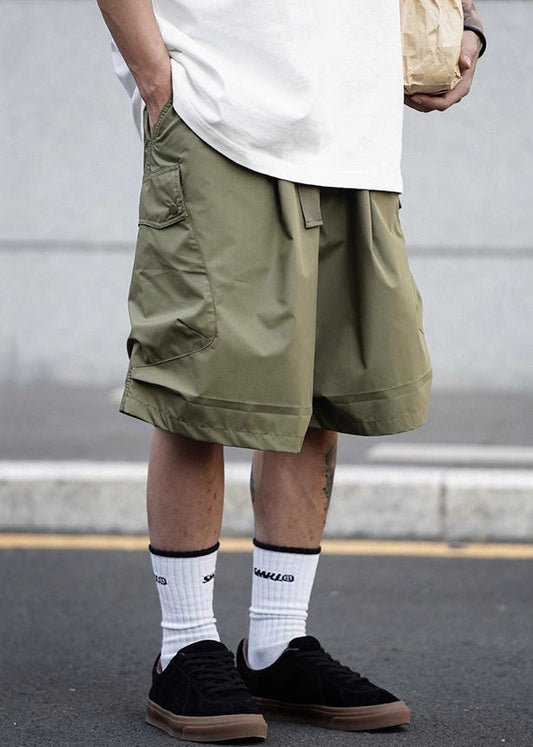 Green Elastic Waist Cotton Men Pockets Shorts Casual Summer Army