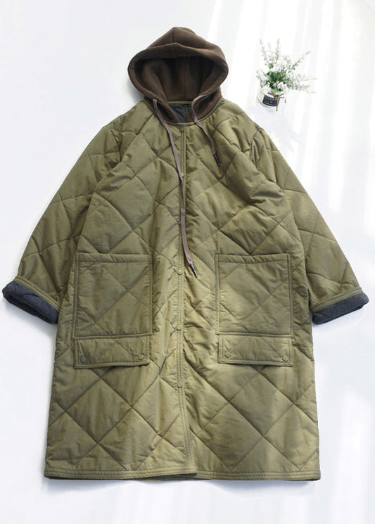 Casual Army Green Pockets Fine Cotton Filled Hooded Coat Fall RU037