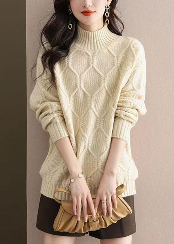 Casual Beige Half Hign Neck Thick Knit Sweater Tops Fall QL052