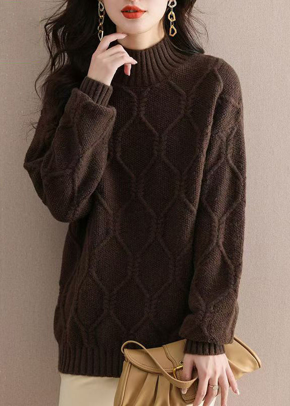 Casual Beige Half Hign Neck Thick Knit Sweater Tops Fall QI031