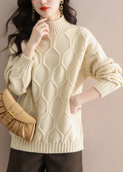 Casual Beige Half Hign Neck Thick Knit Sweater Tops Fall QL052