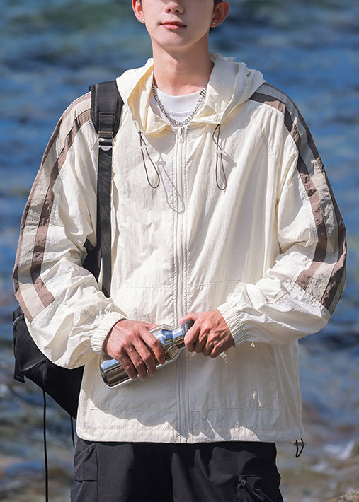 Casual Beige Coat Ice Striped 50+ Patchwork Silk Hooded UPF Mens