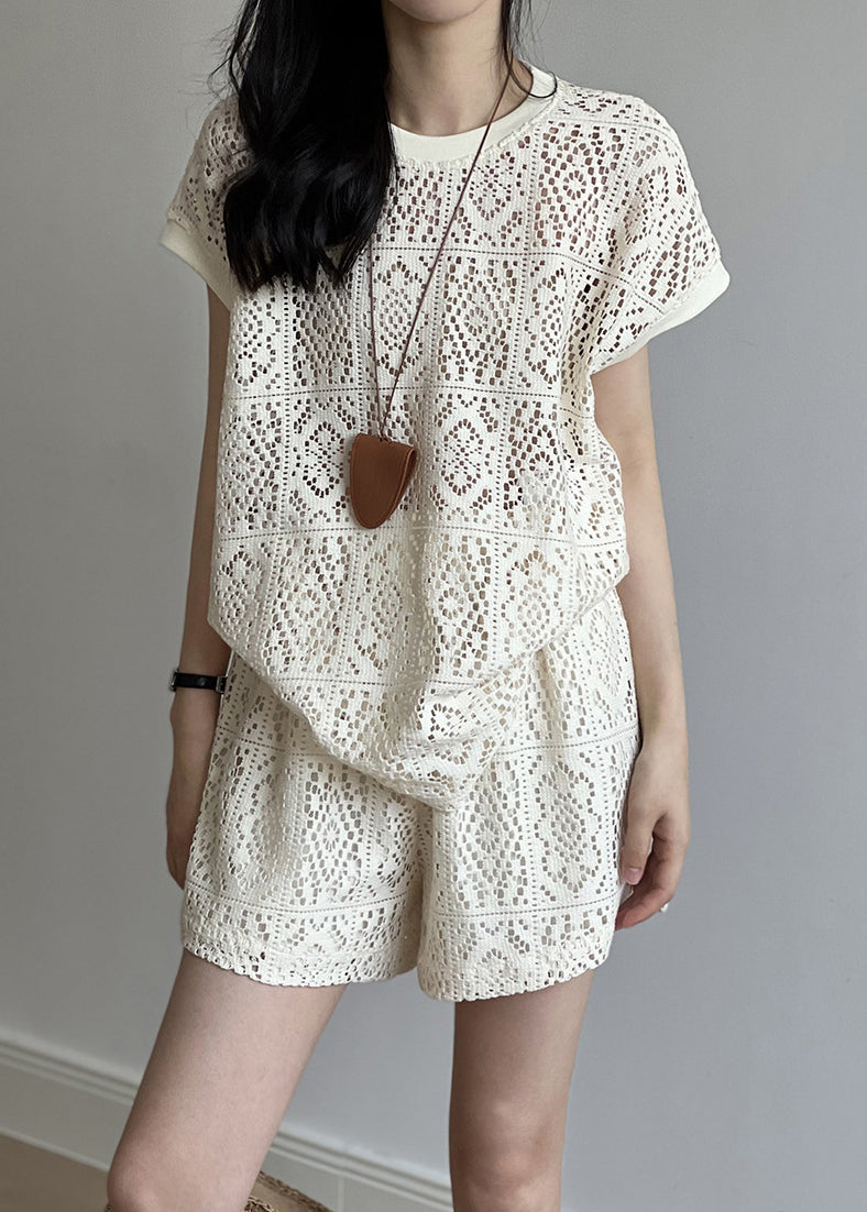 And Hollow Beige Pieces Set O-Neck Casual Two Shorts Top Out